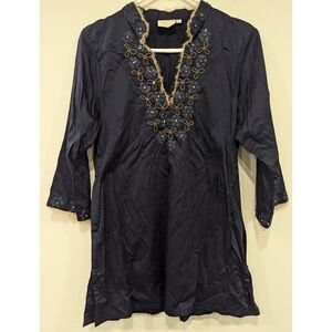 Rungolee Blue Fringe Detailed Notch Neck Tunic Size Small
